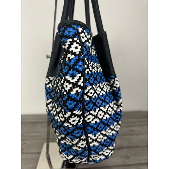 Vince Camuto Blue White Woven Harlo Tote Shoulder Leather Blend Purse - Picture 6 of 15